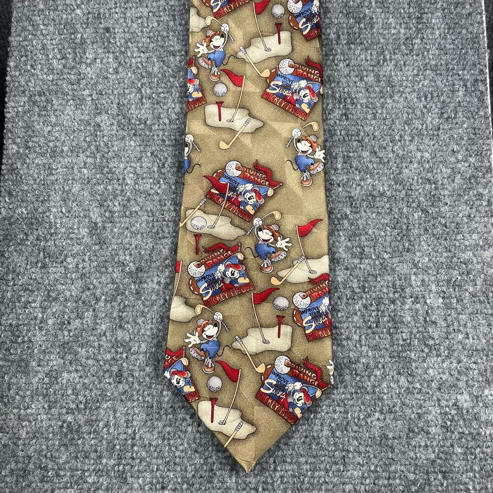Disney Mickey & Co. Golf Tie Beige Geometric Allover 4" X 58 1/4" All Silk